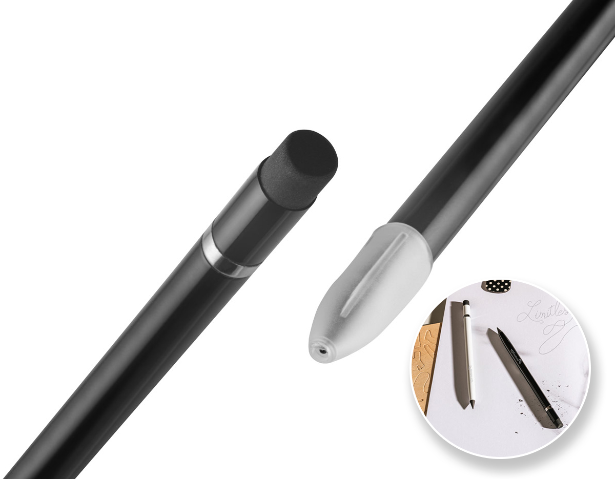 Caneta sem tinta em alumínio 100% reciclado, com tampa protetora em PE reciclado. Apta para um uso prolongado sem a necessidade de apontar. Na parte superior contém uma borracha que apaga com facilidade o que está escrito. ø8 x 150 mm