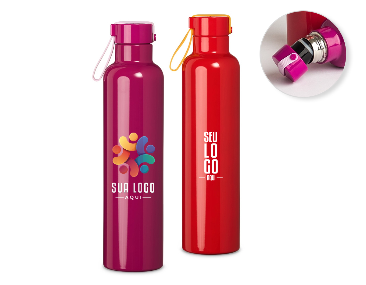 Garrafa térmica de inox com capacidade de 790 ml. Inclui tampa rosqueável e alça para transporte, facilitando o uso e a mobilidade de suas bebidas quentes ou frias.