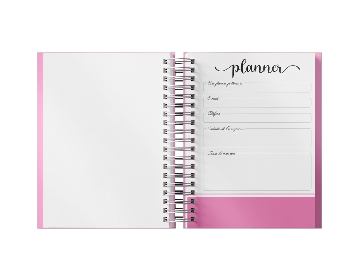 Planner anual em percalux com calendários mensais e semanais. Não possui datas fixas. Além dos calendários o planner contém páginas de identificação, roda da vida, datas importantes, senhas e acessos, contatos, metas anuais, planejamento anual, livros para ler, filmes para ver, minhas séries, controle financeiro, metas financeiras, despesas previstas, contas parceladas, saúde financeira, cuidados com a saúde, meu ano em pixel, e uma parte especial pets para registrar as informações, cuidados, compromissos, cronograma alimentar, vermífugos e vacinas.