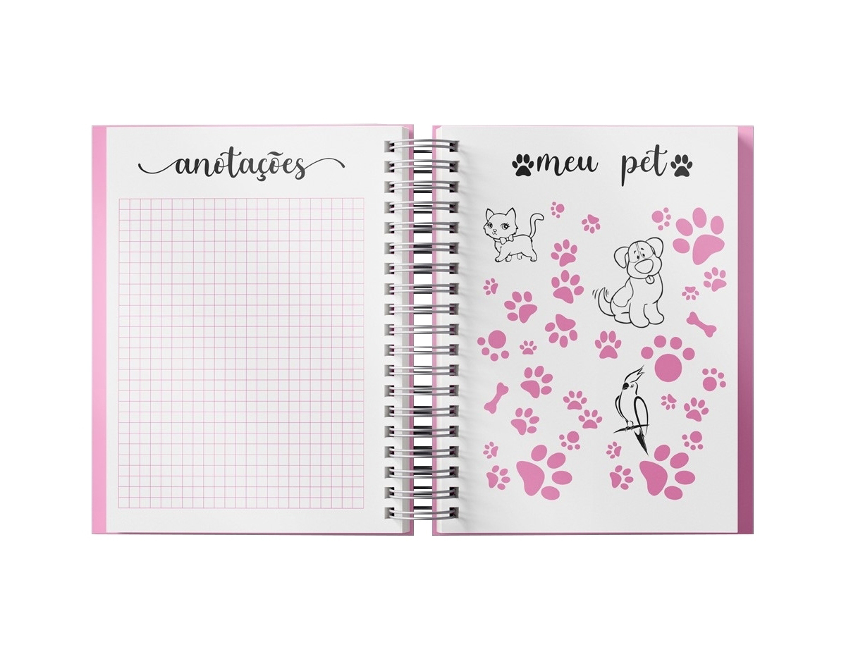 Planner anual em percalux com calendários mensais e semanais. Não possui datas fixas. Além dos calendários o planner contém páginas de identificação, roda da vida, datas importantes, senhas e acessos, contatos, metas anuais, planejamento anual, livros para ler, filmes para ver, minhas séries, controle financeiro, metas financeiras, despesas previstas, contas parceladas, saúde financeira, cuidados com a saúde, meu ano em pixel, e uma parte especial pets para registrar as informações, cuidados, compromissos, cronograma alimentar, vermífugos e vacinas.