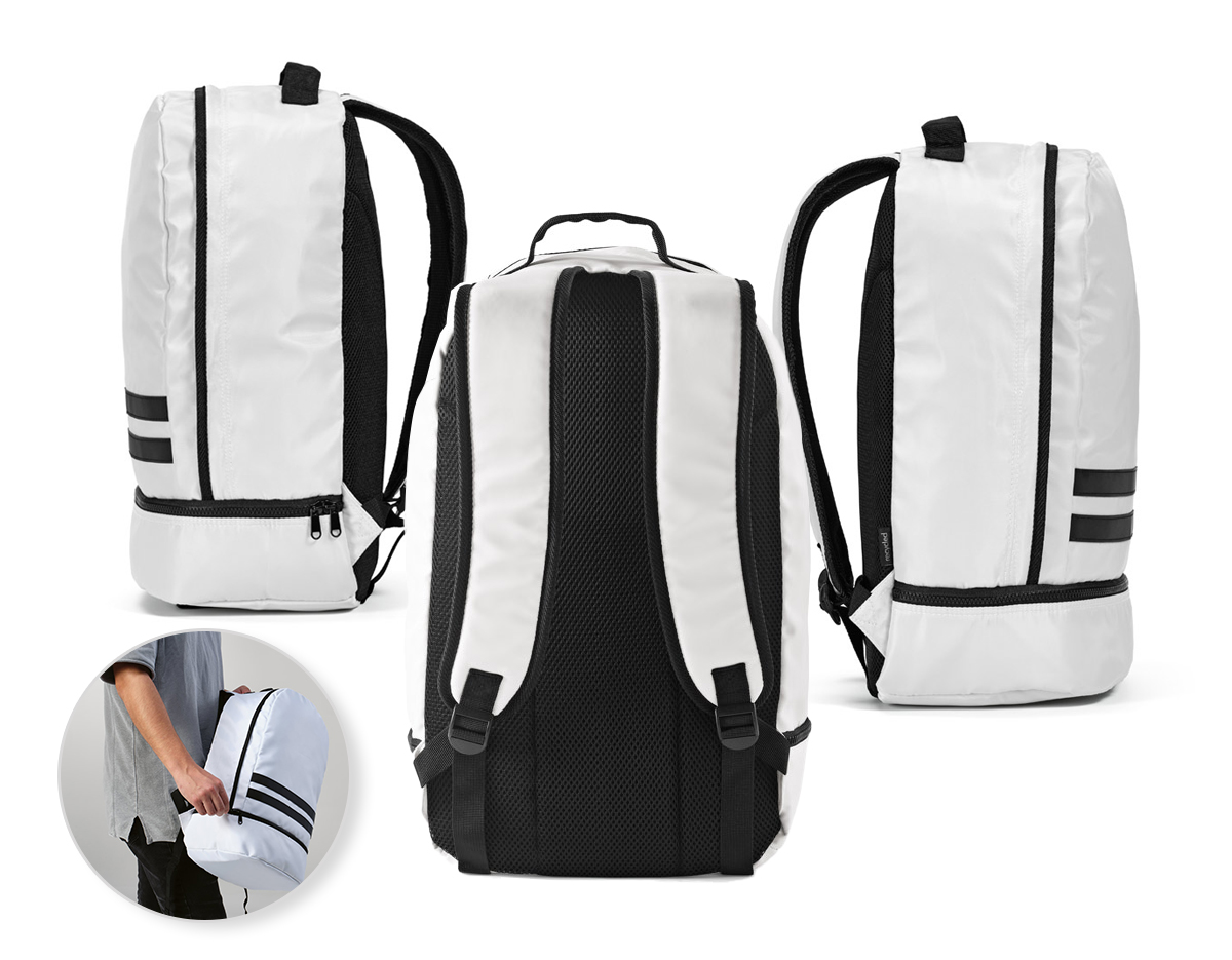 Mochila em 290T poliéster reciclado (100% rPET), em sarja com forro em 210D poliéster reciclado (100% rPET). Contém 1 compartimento principal e 1 compartimento inferior ideal para guardar sapatos. Mochila totalmente forrada com costas e alças almofadadas. Contém duas faixas pretas refletoras na parte da frente. Capacidade até 25 L. 300 x 480 x 210 mm