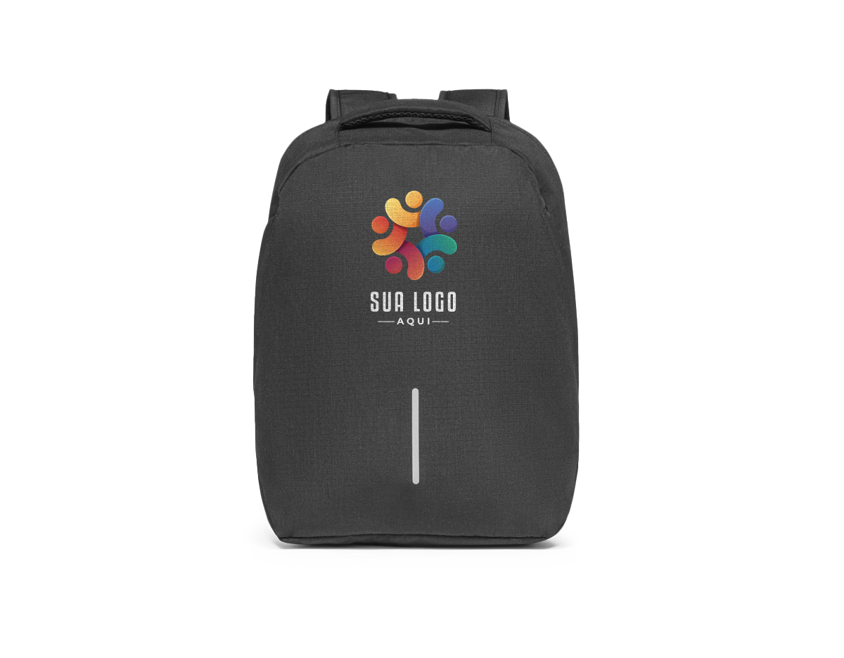 Mochila para notebook em 600D ripstop. Sistema antirroubo: compartimento principal com divisória para notebook até 15.6" e bolso frontal com duplo acesso. Contém alça de transporte para trolley e alças e parte posterior almofadadas. Elemento refletor na parte frontal da mochila. Capacidade até 17 L. 310 x 410 x 155mm