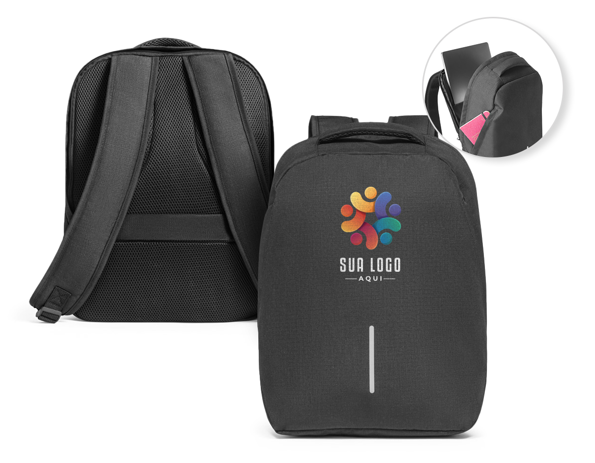Mochila para notebook em 600D ripstop. Sistema antirroubo: compartimento principal com divisória para notebook até 15.6" e bolso frontal com duplo acesso. Contém alça de transporte para trolley e alças e parte posterior almofadadas. Elemento refletor na parte frontal da mochila. Capacidade até 17 L. 310 x 410 x 155mm