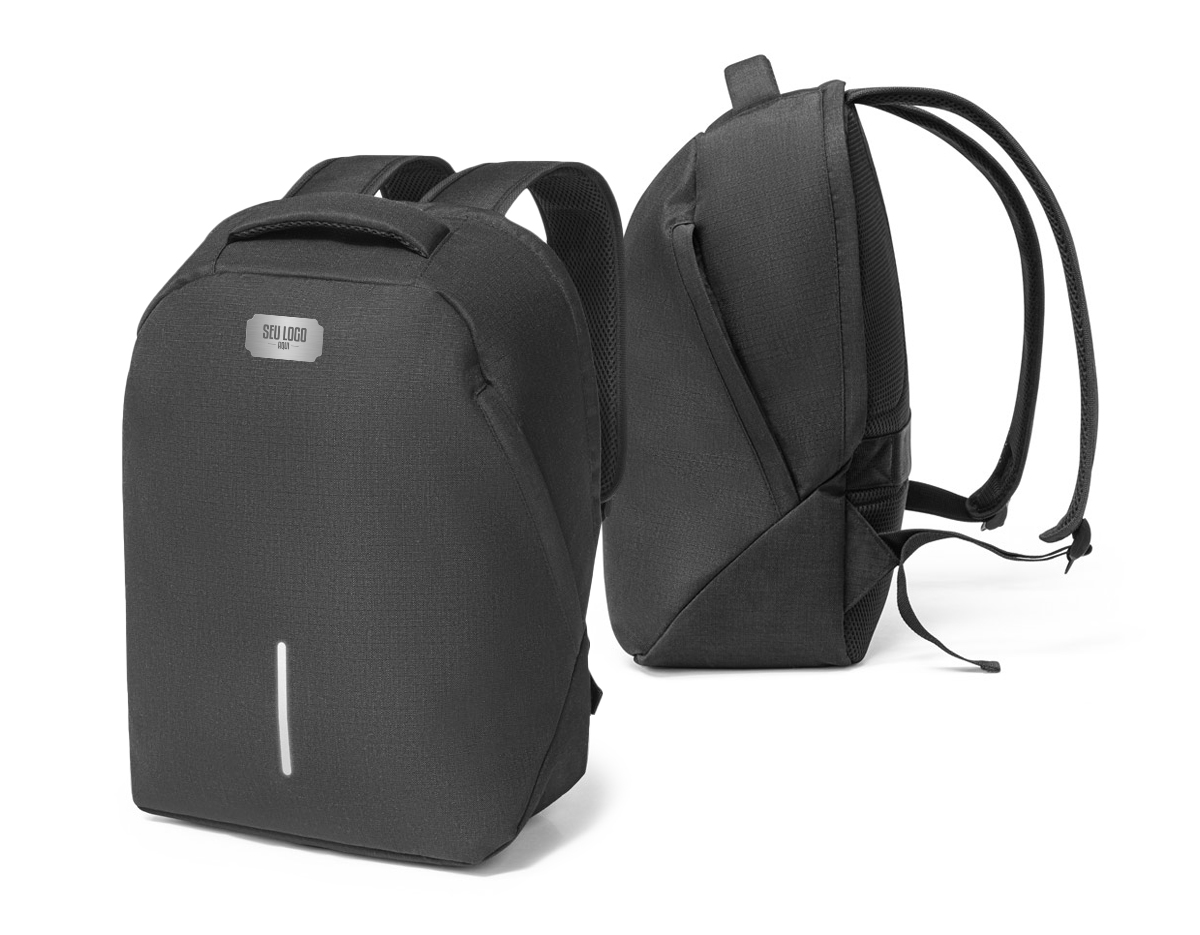 Mochila para notebook em 600D ripstop. Sistema antirroubo: compartimento principal com divisória para notebook até 15.6" e bolso frontal com duplo acesso. Contém alça de transporte para trolley e alças e parte posterior almofadadas. Elemento refletor na parte frontal da mochila. Capacidade até 17 L. 310 x 410 x 155mm