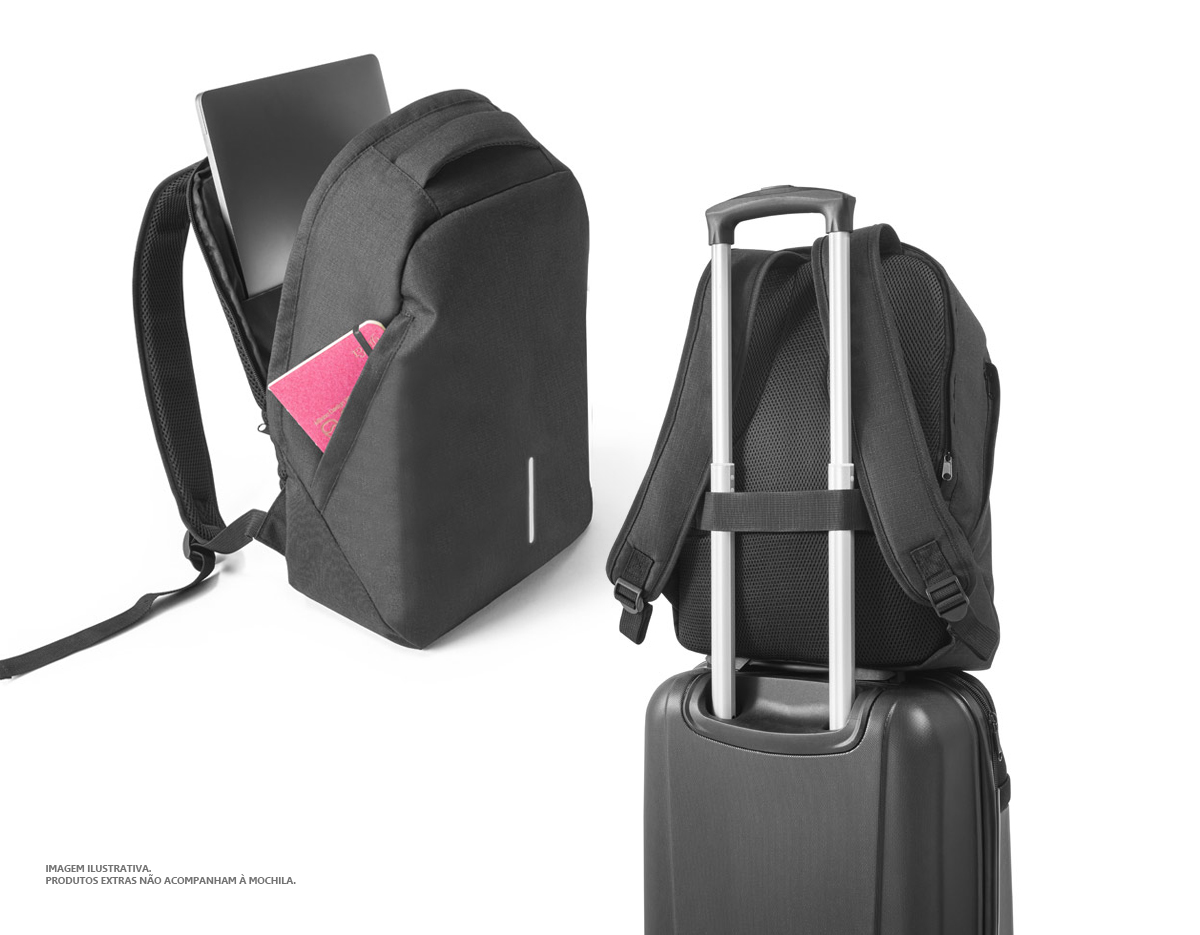 Mochila para notebook em 600D ripstop. Sistema antirroubo: compartimento principal com divisória para notebook até 15.6" e bolso frontal com duplo acesso. Contém alça de transporte para trolley e alças e parte posterior almofadadas. Elemento refletor na parte frontal da mochila. Capacidade até 17 L. 310 x 410 x 155mm