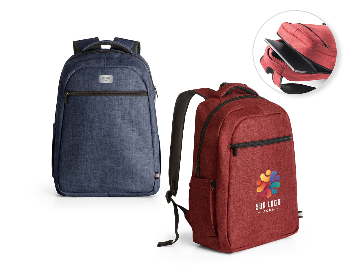 Mochila para notebook em 600D de alta densidade com compartimento principal para notebook até 15". Contém bolsos laterais em tela e um bolso frontal com zíper. Parte posterior e alças almofadadas que incorporam alça para trolley em caso de necessidade. Elemento refletor na parte frontal da mochila. Capacidade até 17 L. 320 x 420 x 150 mm