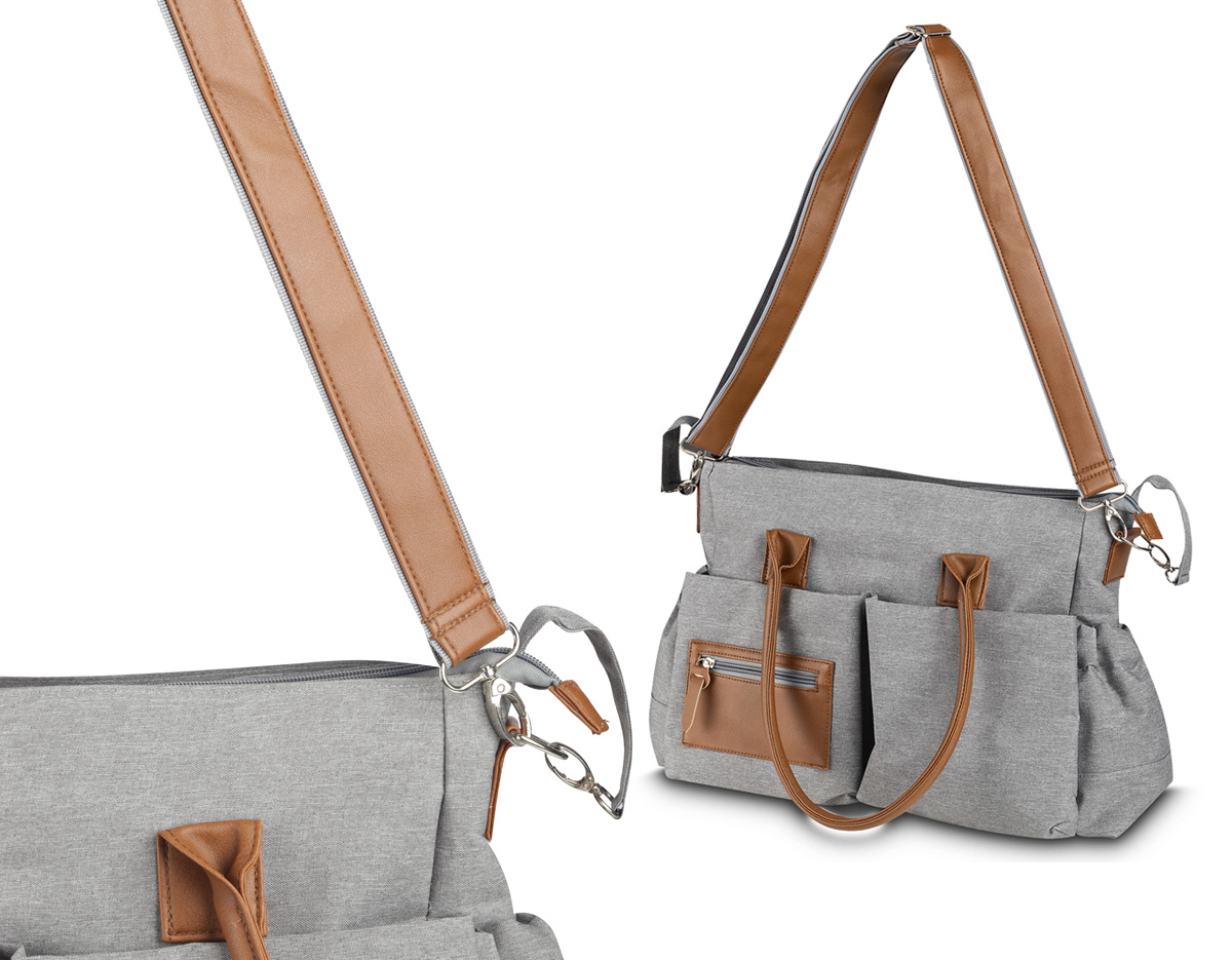 Mochila funcional em poliéster e couro sintético, equipada com compartimento principal com divisórias para organização. Possui alças de ombro e de mão, além de quatro bolsos laterais para armazenamento adicional. Ideal para uso diário e versátil.