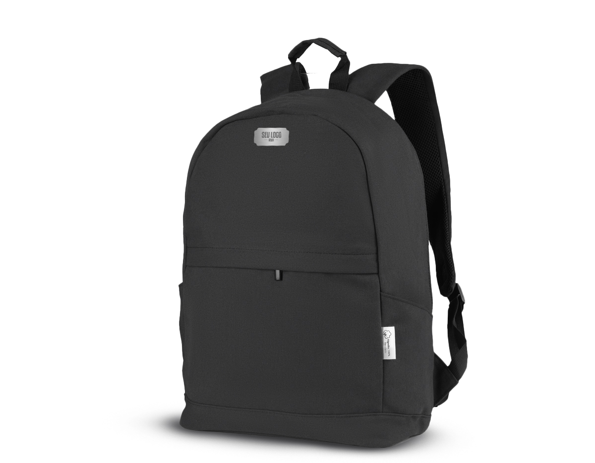 Mochila p/ Notebook em algodão reciclado.  Parte externa: Bolso frontal com zíper; Alça de mão e ombro; Engate para mala de viagem; Bolso lateral;  Parte interna: Compartimento para Notebook, Tamanho total do Notebook - 15,6"