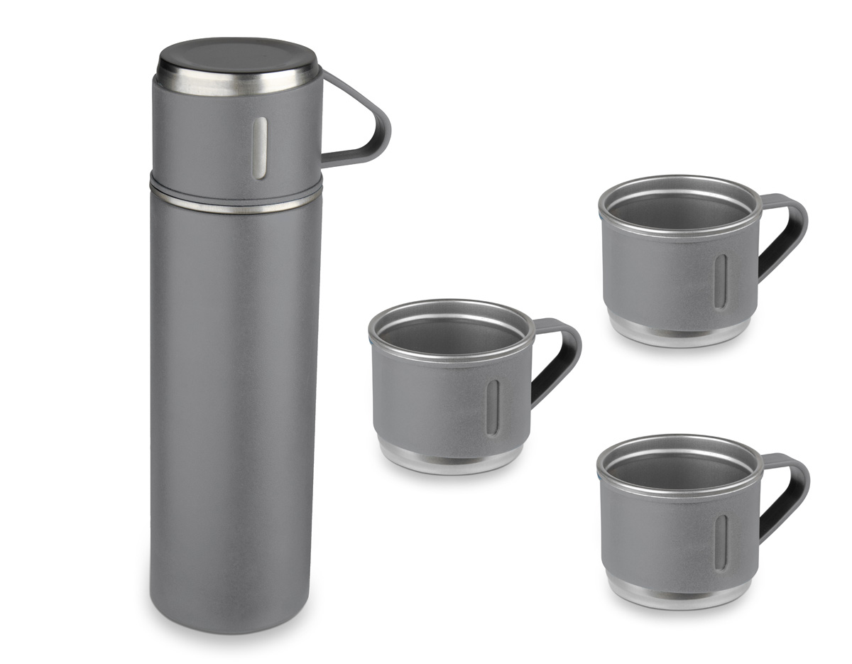 Garrafa térmica em aço inox com capacidade de até 500ml.  Acompanha 3 copos térmicos, um deles já acoplado na garrafa, como tampa.