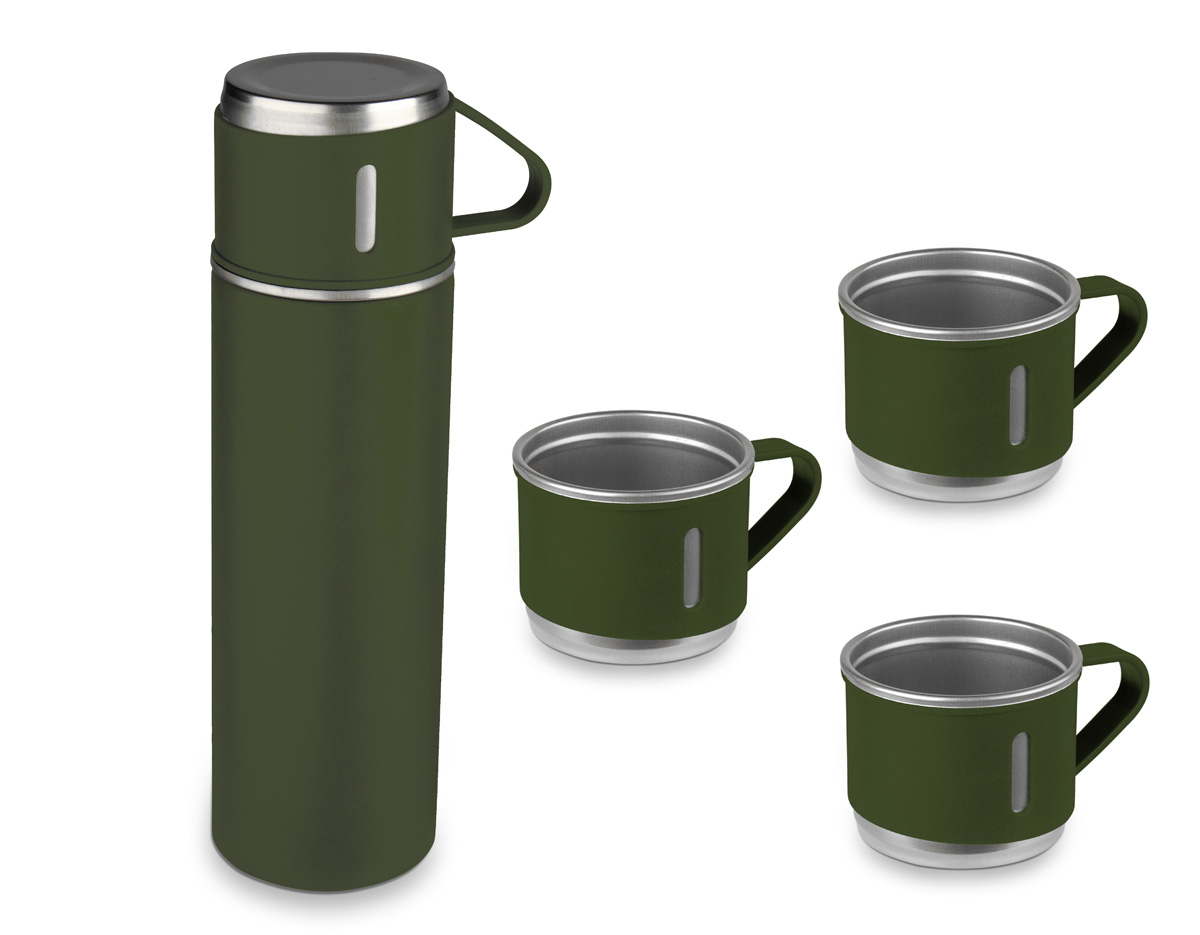 Garrafa térmica em aço inox com capacidade de até 500ml.  Acompanha 3 copos térmicos, um deles já acoplado na garrafa, como tampa.