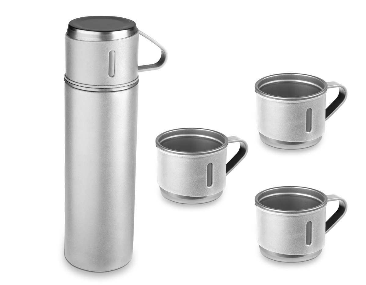 Garrafa térmica em aço inox com capacidade de até 500ml.  Acompanha 3 copos térmicos, um deles já acoplado na garrafa, como tampa.
