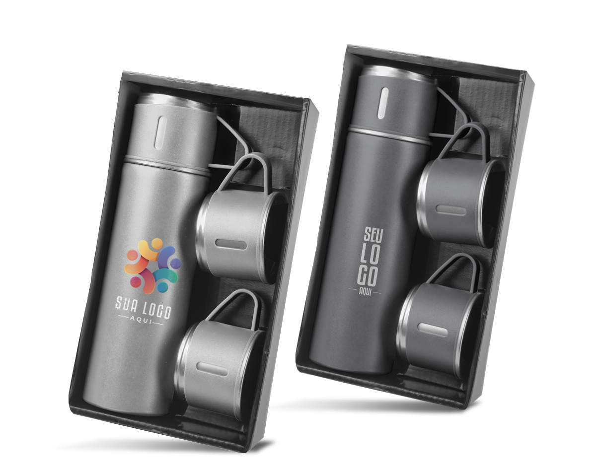Garrafa térmica em aço inox com capacidade de até 500ml.  Acompanha 3 copos térmicos, um deles já acoplado na garrafa, como tampa.