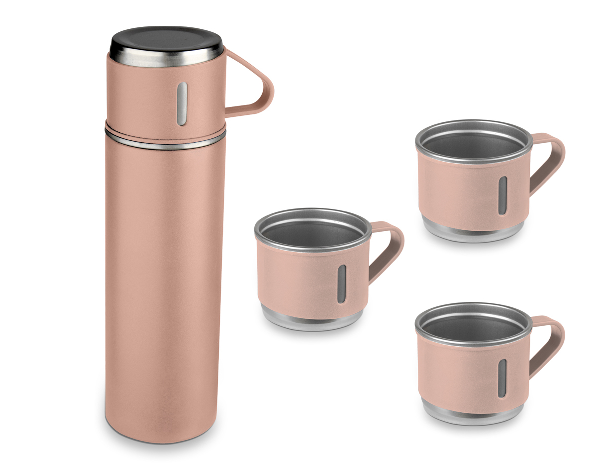 Garrafa térmica em aço inox com capacidade de até 500ml.  Acompanha 3 copos térmicos, um deles já acoplado na garrafa, como tampa.