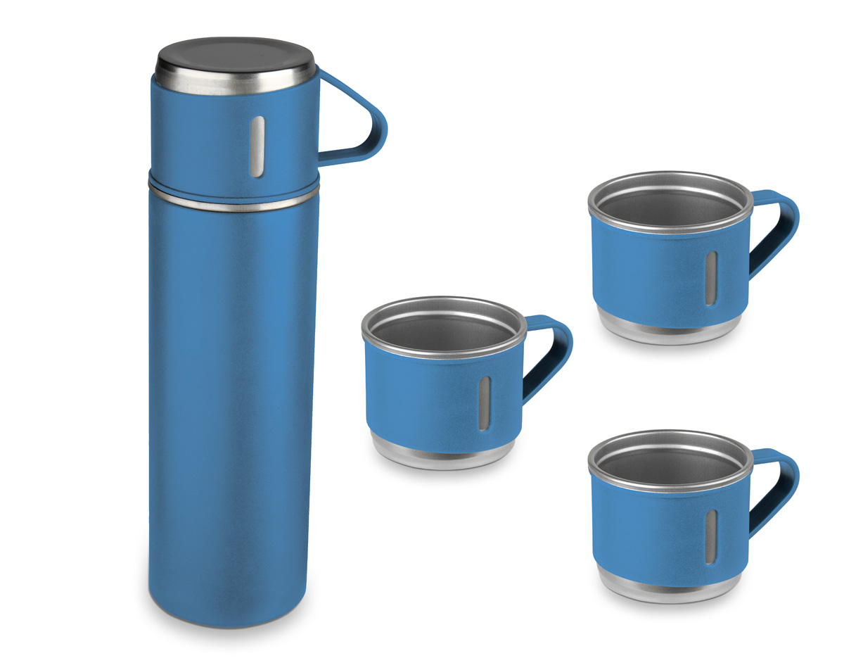 Garrafa térmica em aço inox com capacidade de até 500ml.  Acompanha 3 copos térmicos, um deles já acoplado na garrafa, como tampa.