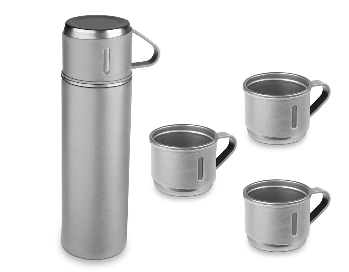 Garrafa térmica em aço inox com capacidade de até 500ml.  Acompanha 3 copos térmicos, um deles já acoplado na garrafa, como tampa.