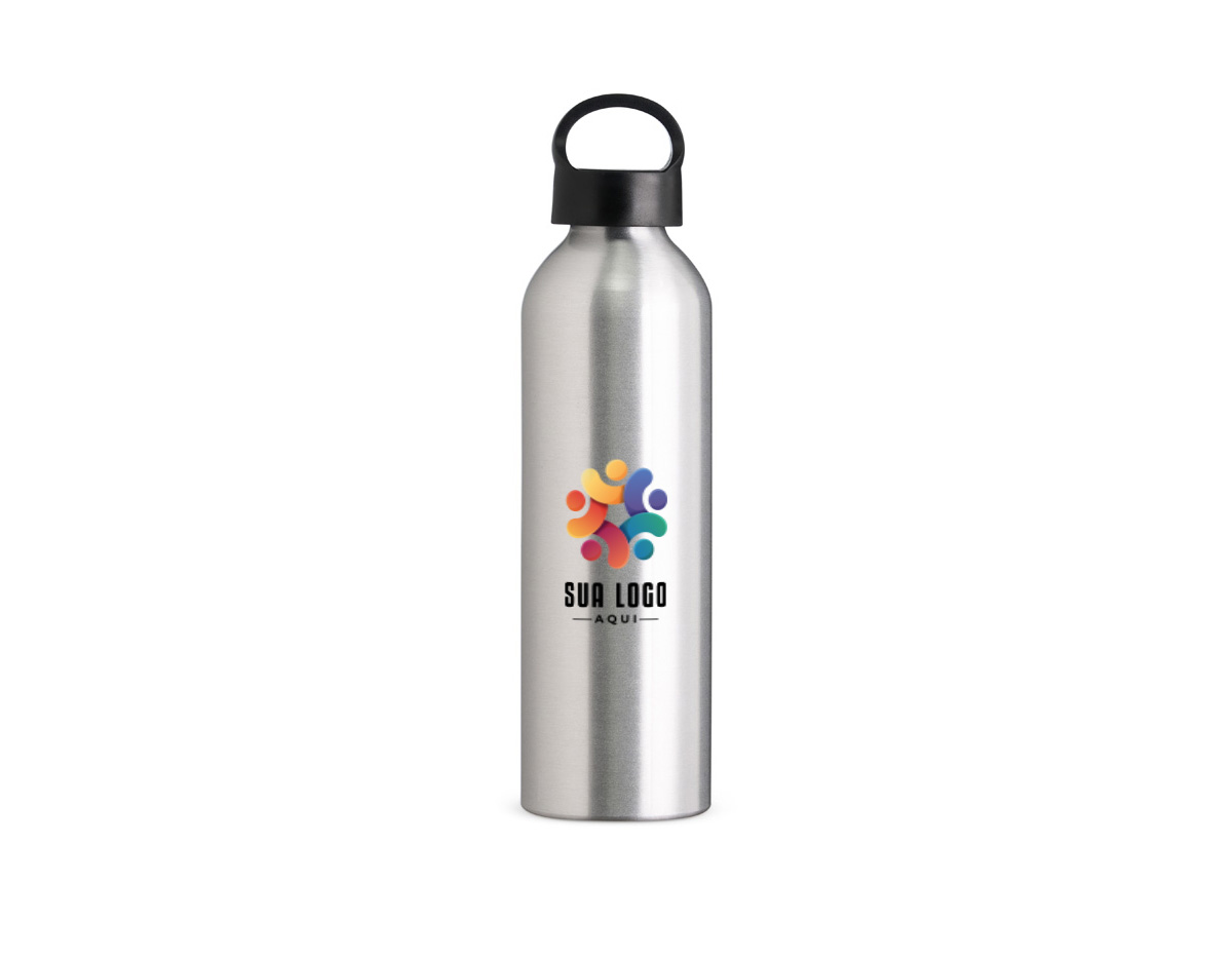 Garrafa de alumínio com capacidade de 630ml. Conta com uma tampa plástica rosqueável e alça integrada, facilitando o transporte. Ideal para uso diário e atividades ao ar livre.