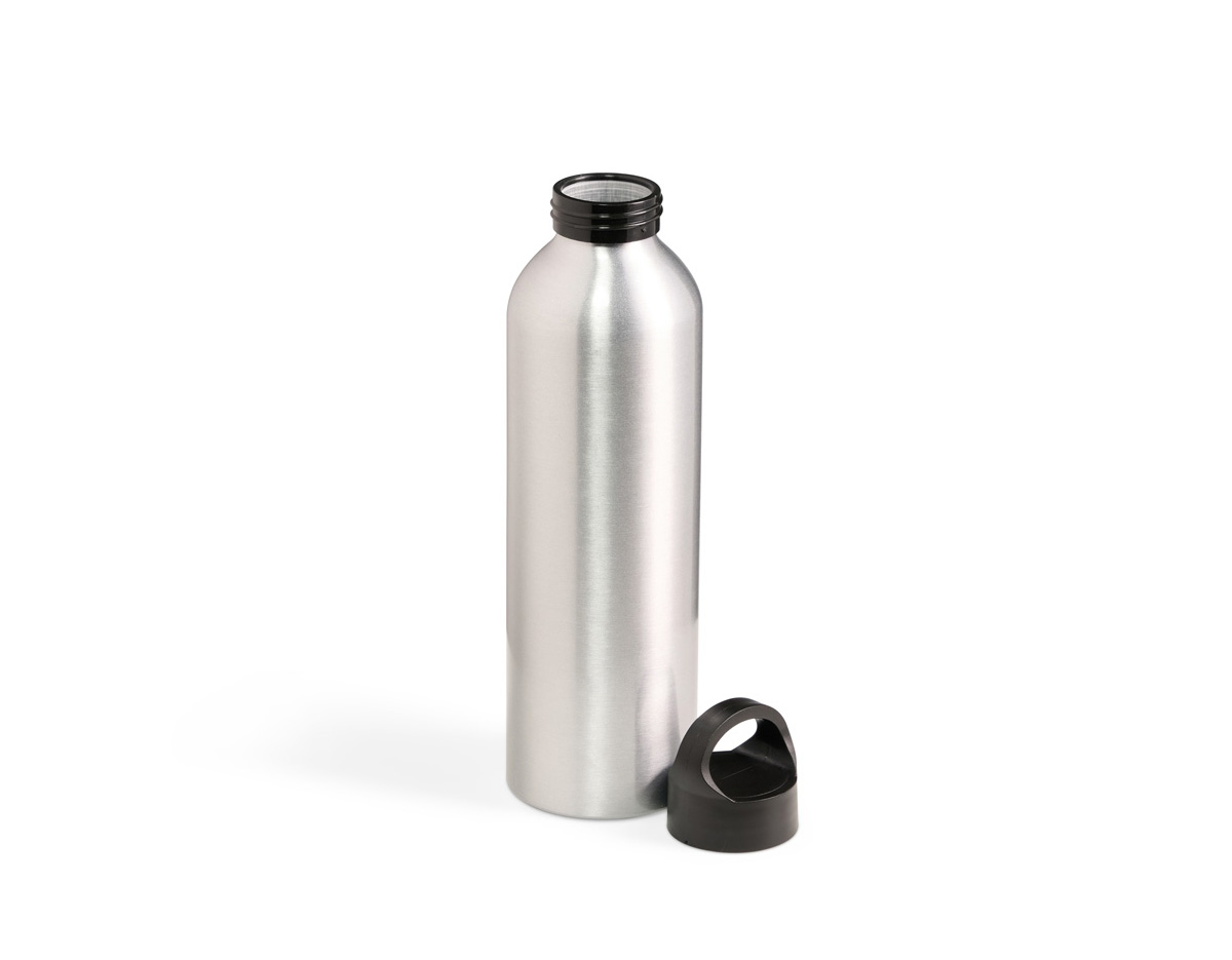 Garrafa de alumínio com capacidade de 630ml. Conta com uma tampa plástica rosqueável e alça integrada, facilitando o transporte. Ideal para uso diário e atividades ao ar livre.