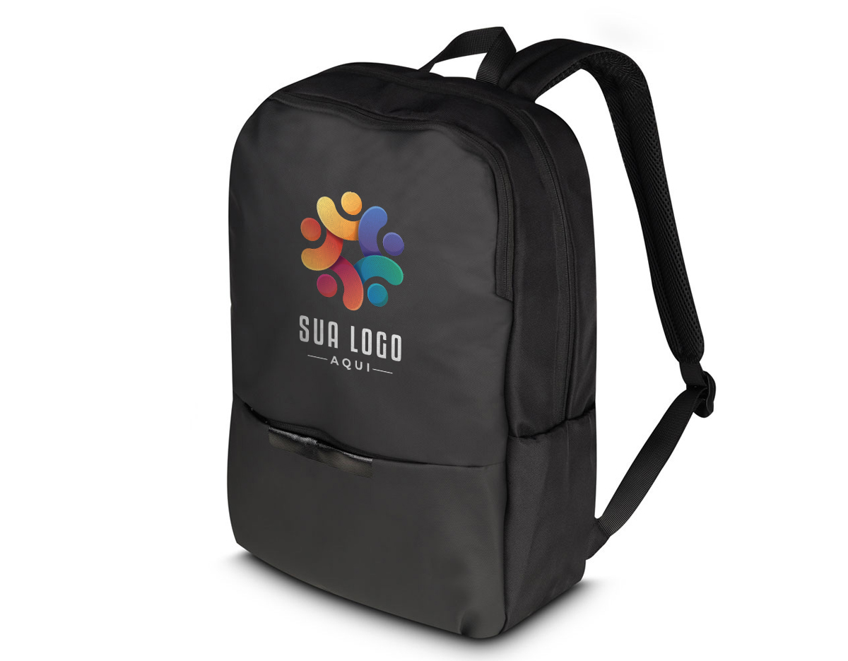 Mochila para notebook em tecido poliéster e detalhe em PU, compartimento interno para notebook de até 15,6", engate para mala de viagem, dois bolsos laterais e bolso frontal com zíper.