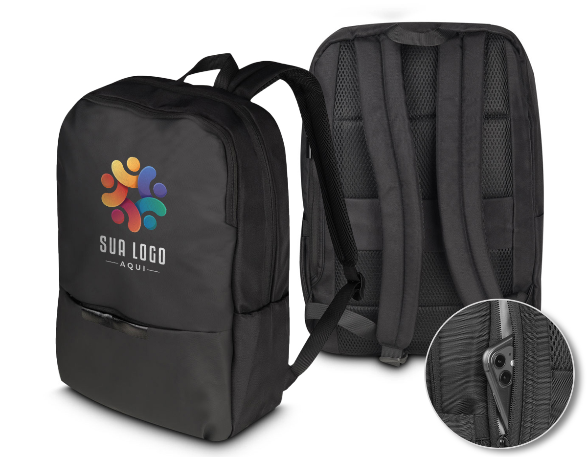 Mochila para notebook em tecido poliéster e detalhe em PU, compartimento interno para notebook de até 15,6", engate para mala de viagem, dois bolsos laterais e bolso frontal com zíper.