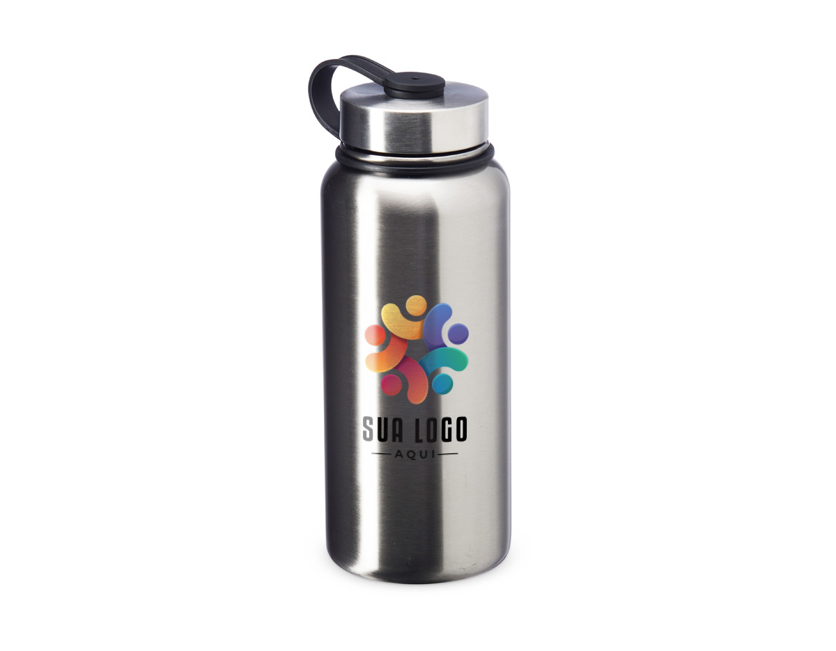 Garrafa térmica de parede dupla em aço inoxidável, com capacidade de 950ml. Mantém a temperatura das bebidas por mais tempo, sendo ideal para líquidos quentes ou frios. A tampa é rosqueável e possui alça, facilitando o transporte em atividades ao ar livre ou no dia a dia.
