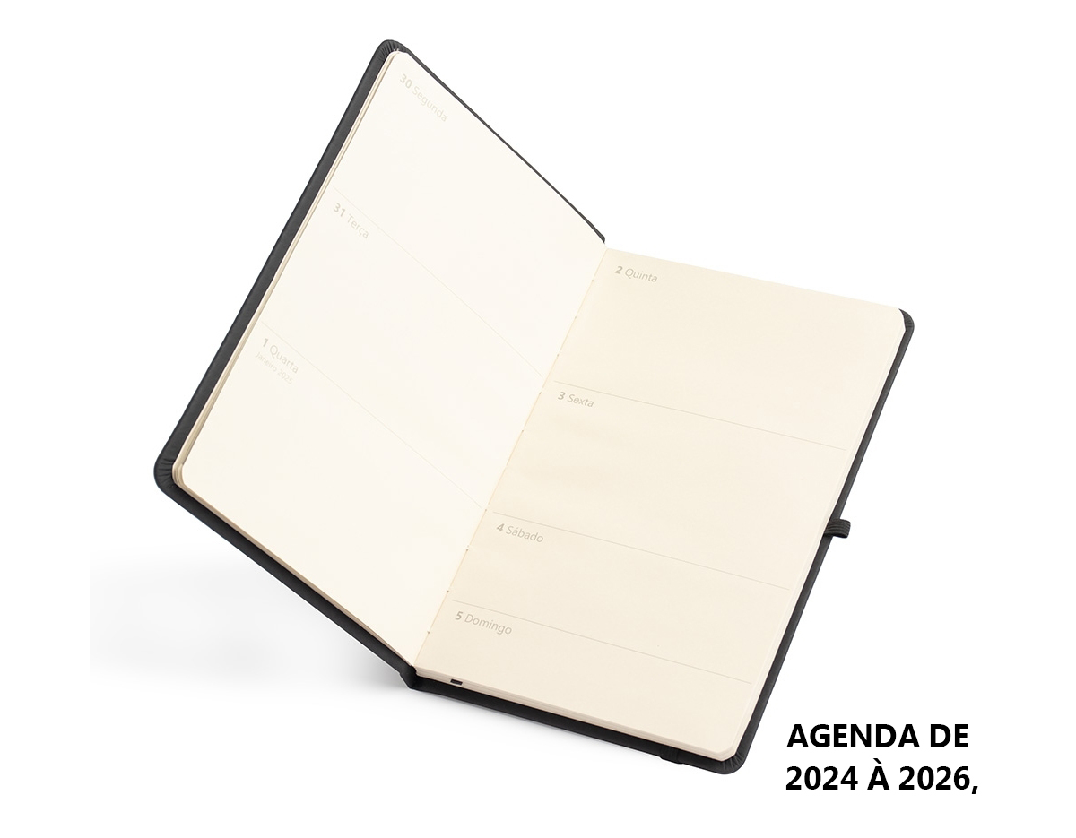  Feito para planejar atividades com antecedência, nosso Planner 2025 é eficiente para auxiliar no alcance de metas e objetivos. Com capa emborrachada e elástico para fechamento, além de marcador de página em cetim e suporte para caneta, nosso planner oferece calendários mensais e semanais, agenda de 2024 à 2026, proporcionando uma visão clara e detalhada dos compromissos.