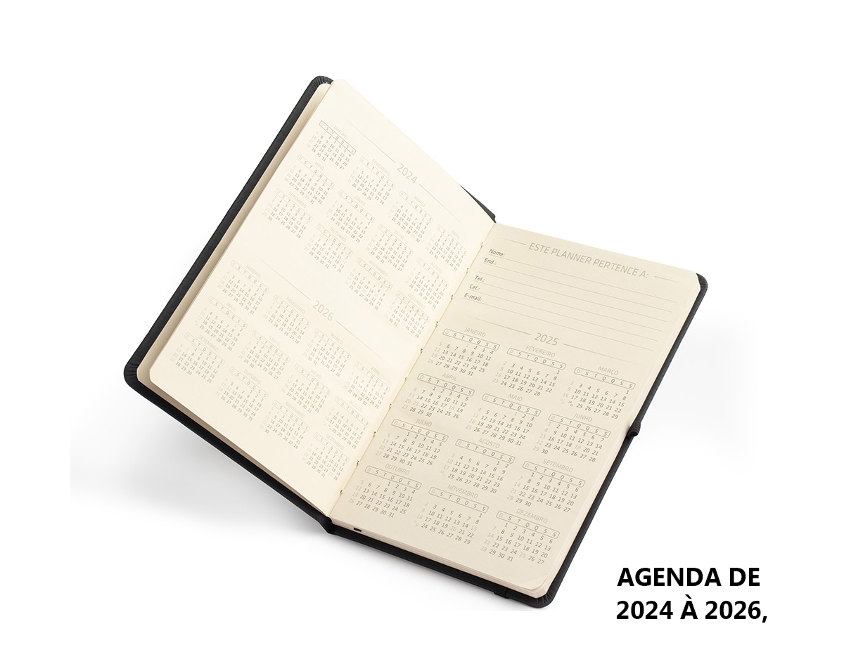 Feito para planejar atividades com antecedência, nosso Planner 2025 é eficiente para auxiliar no alcance de metas e objetivos. Com capa emborrachada e elástico para fechamento, além de marcador de página em cetim e suporte para caneta, nosso planner oferece calendários mensais e semanais, agenda de 2024 à 2026, proporcionando uma visão clara e detalhada dos compromissos.
