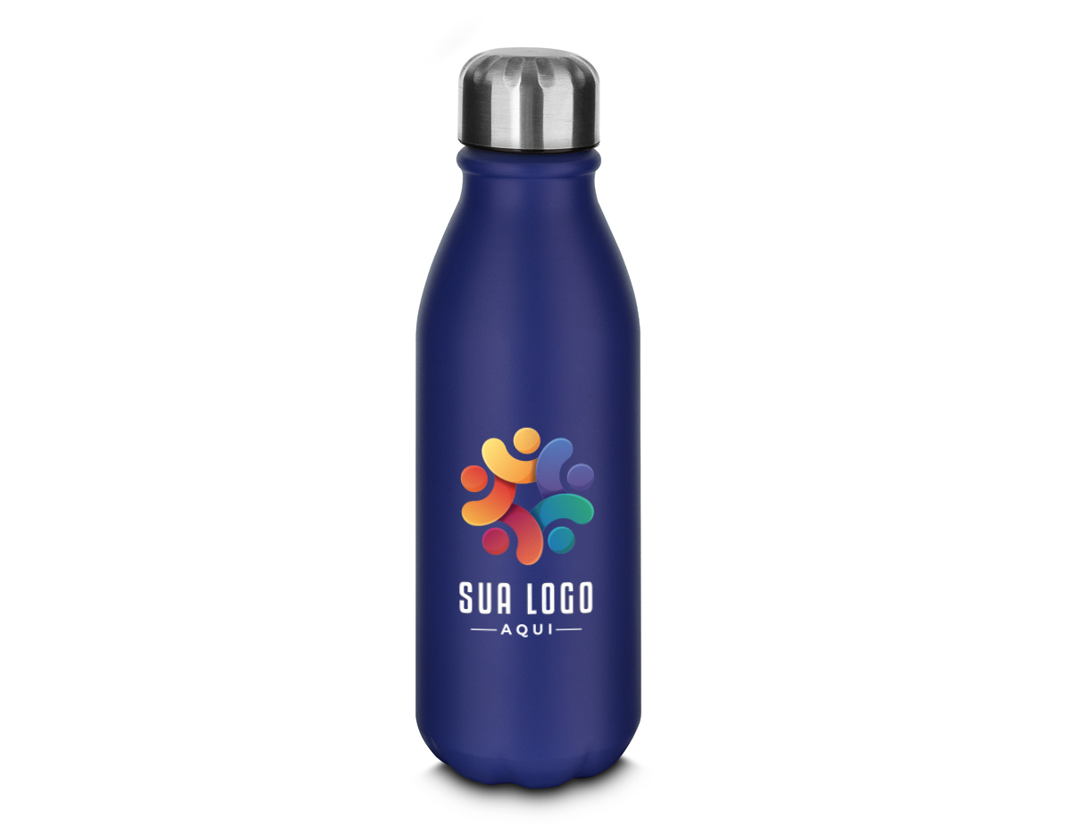 Garrafa de alumínio com tampa em inox, com capacidade de 550 ml e acabamento em pintura fosca. O design inclui uma etiqueta em papel kraft com a descrição do produto, além de um símbolo de reciclável na parte traseira, reforçando seu compromisso com a sustentabilidade. Ideal para quem busca praticidade e estilo em suas hidratações diárias.