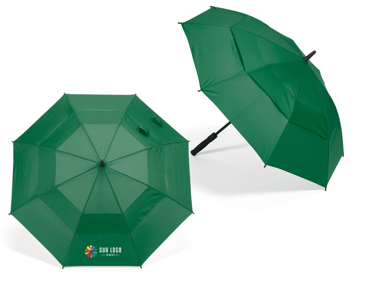 Guarda-chuva em 100% poliéster reciclado 190T (100% rPET), com varetas em fibra de vidro e pega em ABS reciclado. Guarda-chuva com abertura automática e à prova de vento. Fornecido em bolsa de poliéster reciclado. ø1055 x 840 mm