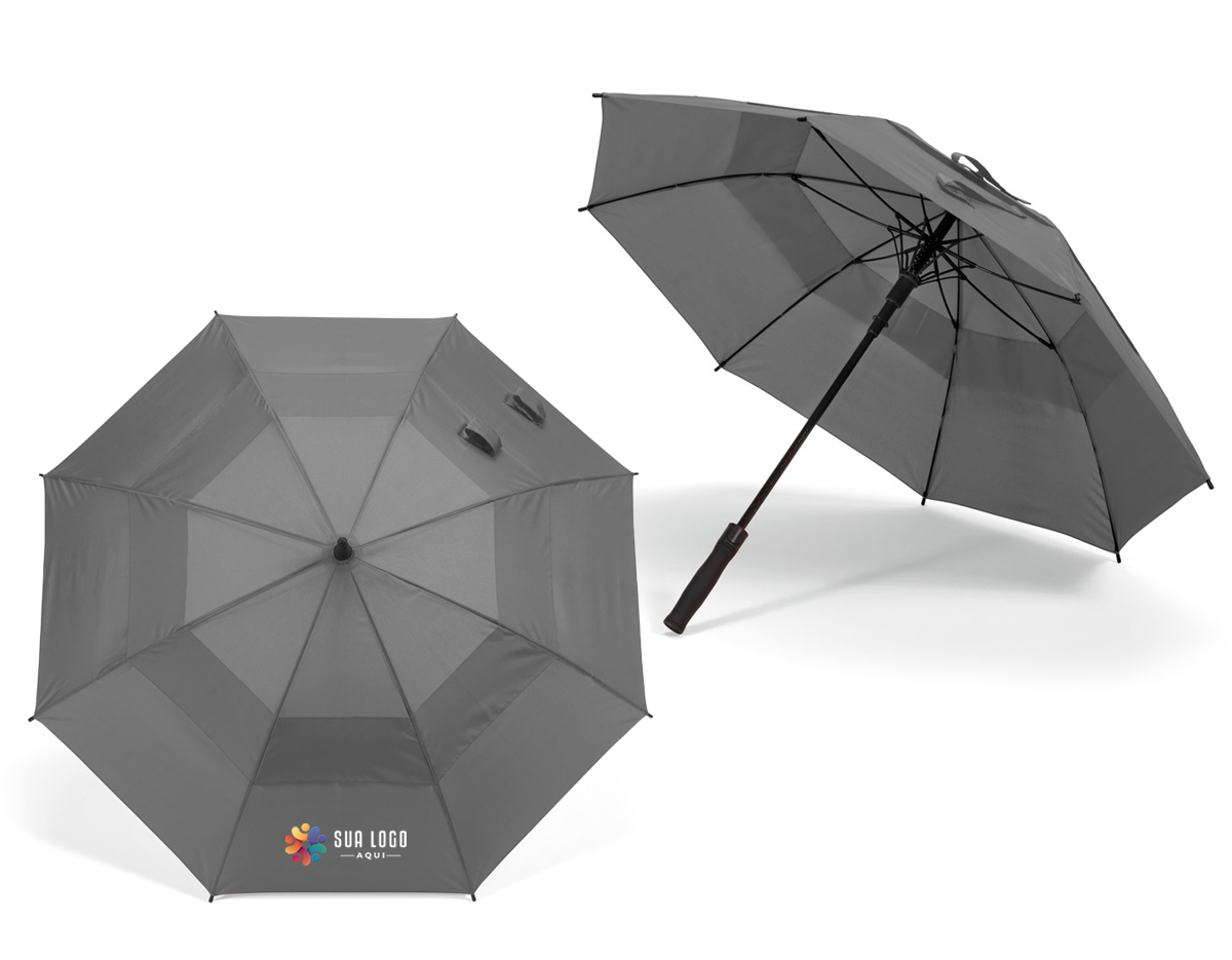 Guarda-chuva em 100% poliéster reciclado 190T (100% rPET), com varetas em fibra de vidro e pega em ABS reciclado. Guarda-chuva com abertura automática e à prova de vento. Fornecido em bolsa de poliéster reciclado. ø1055 x 840 mm