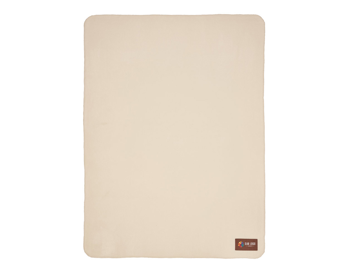 Manta em tecido polar, 100% poliéster reciclado (100% rPET), com área para personalização em microfibra. Fornecido em saco de tecidos 100% reciclado (70% algodão reciclado e 30% poliéster reciclado), com gramagem de 140 g/m². 1600 x 1200 mm | Saco: 400 x 320 mm