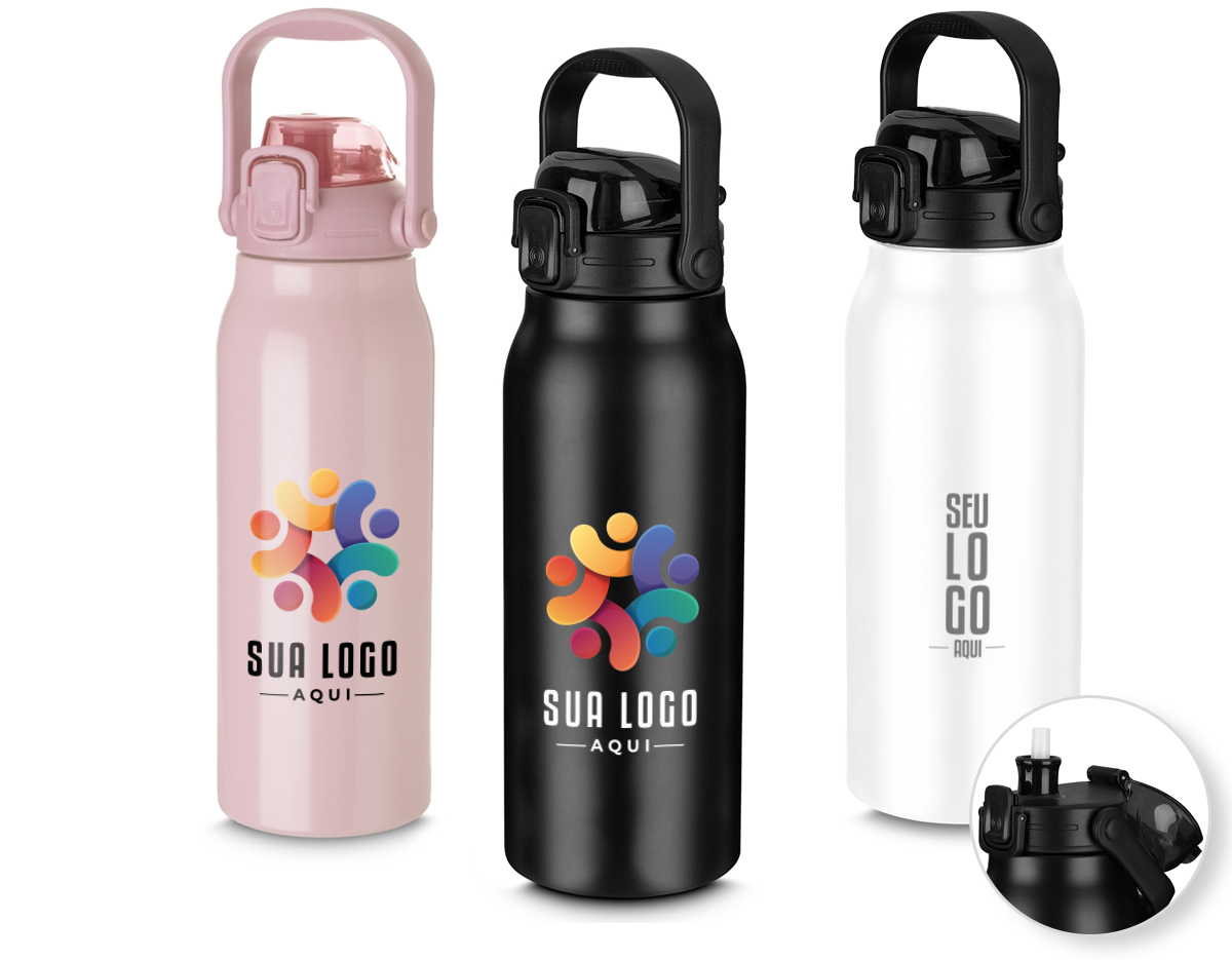 Garrafa Térmica feita em Inox 304, capacidade de 1,6L. Possui tampa rosqueável com trava de segurança e botão de acionamento para abrir a tampa protetora do bocal. Acompanha canudo e dois bicos, sendo um de silicone e outro de plástico.