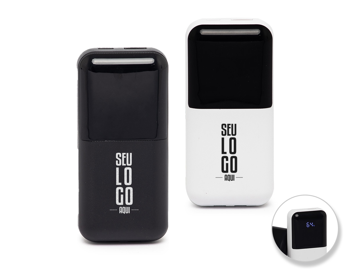 Carregador portátil plástico com 6.000mAh, com duas saídas, tipo C e lightning, display com indicador de bateria. Possui entrada tipo C e USB. Acompanha cabo tipo C.