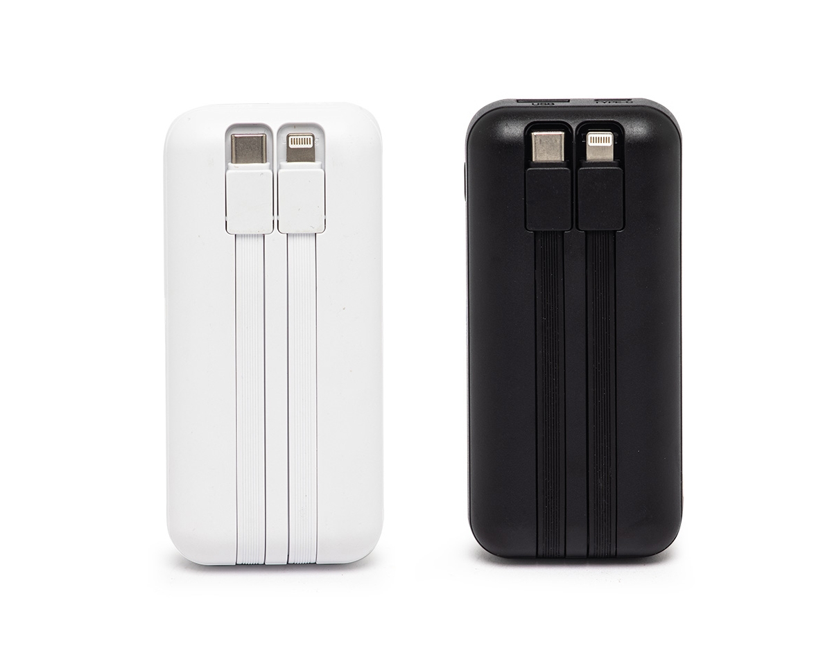 Carregador portátil plástico com 6.000mAh, com duas saídas, tipo C e lightning, display com indicador de bateria. Possui entrada tipo C e USB. Acompanha cabo tipo C.