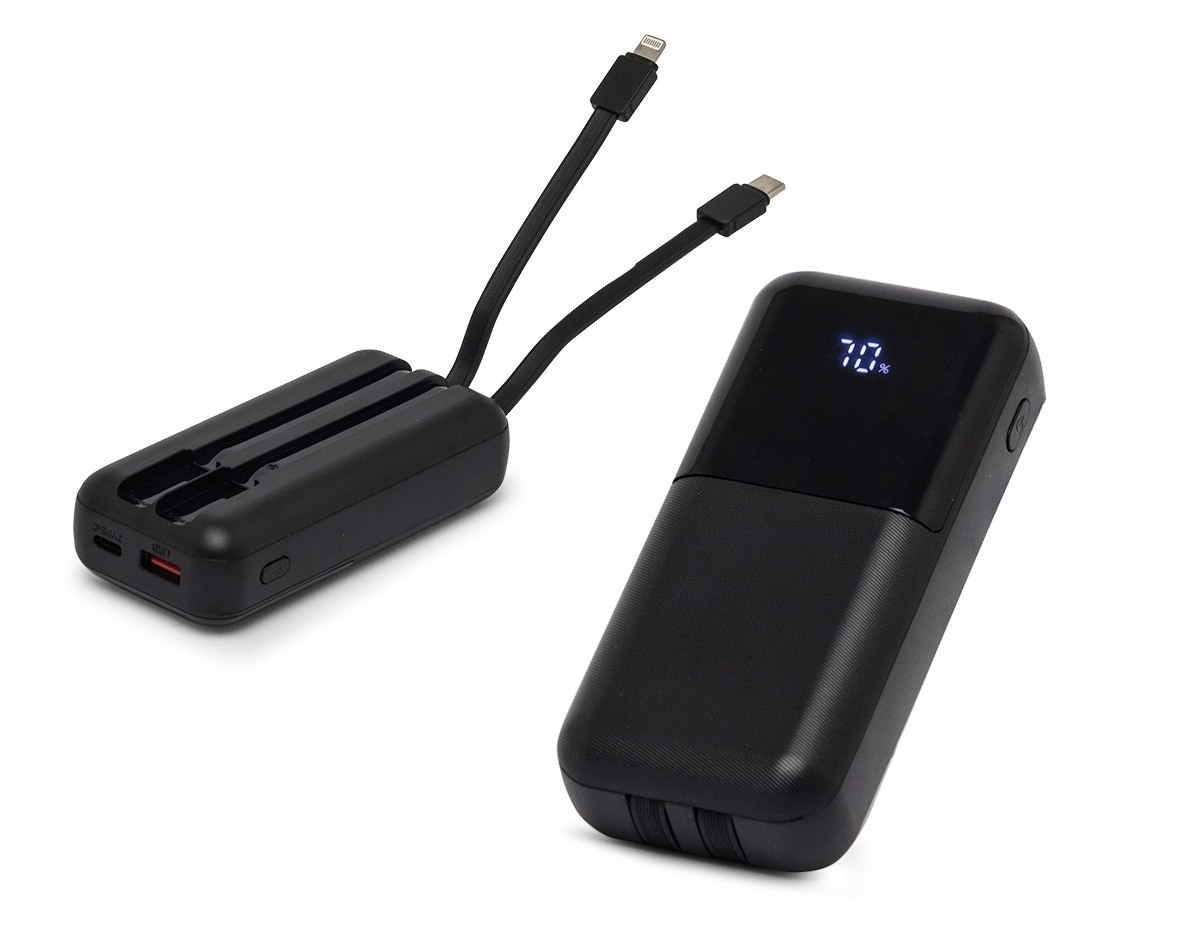 Carregador portátil plástico com 6.000mAh, com duas saídas, tipo C e lightning, display com indicador de bateria. Possui entrada tipo C e USB. Acompanha cabo tipo C.