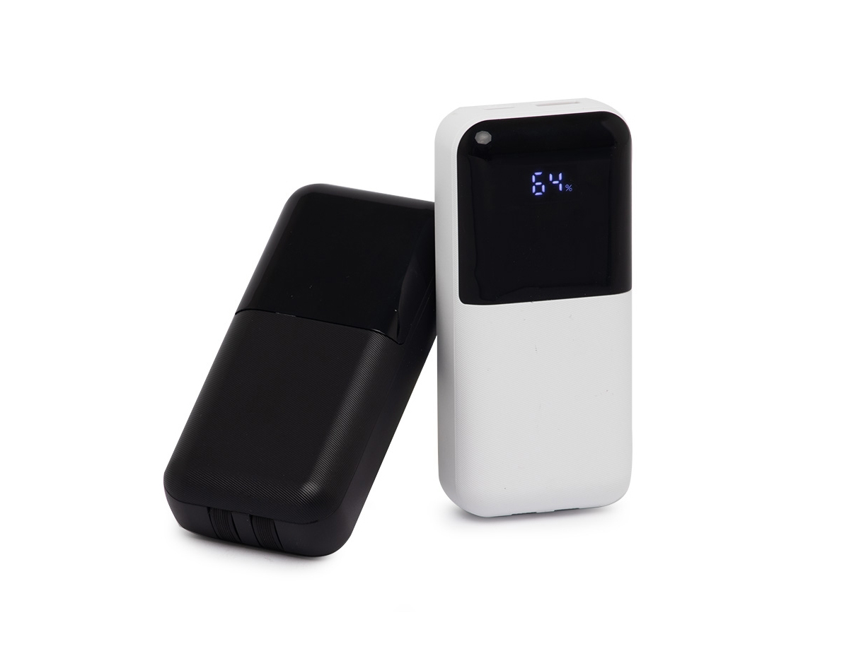 Carregador portátil plástico com 6.000mAh, com duas saídas, tipo C e lightning, display com indicador de bateria. Possui entrada tipo C e USB. Acompanha cabo tipo C.