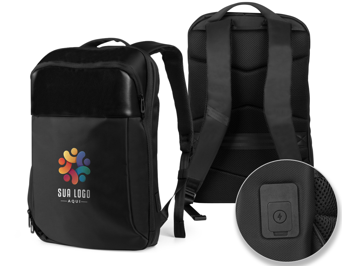 Mochila de 23 litros premium em poliéster impermeável com dois compartimentos, sendo um deles para notebook 15,6 e tablet 10,5. Com divisórias internas para documentos, a mochila possui adaptador USB externo, área costada e alças para as costas com revestimento espumado e alça de engate paa malas de viagem.