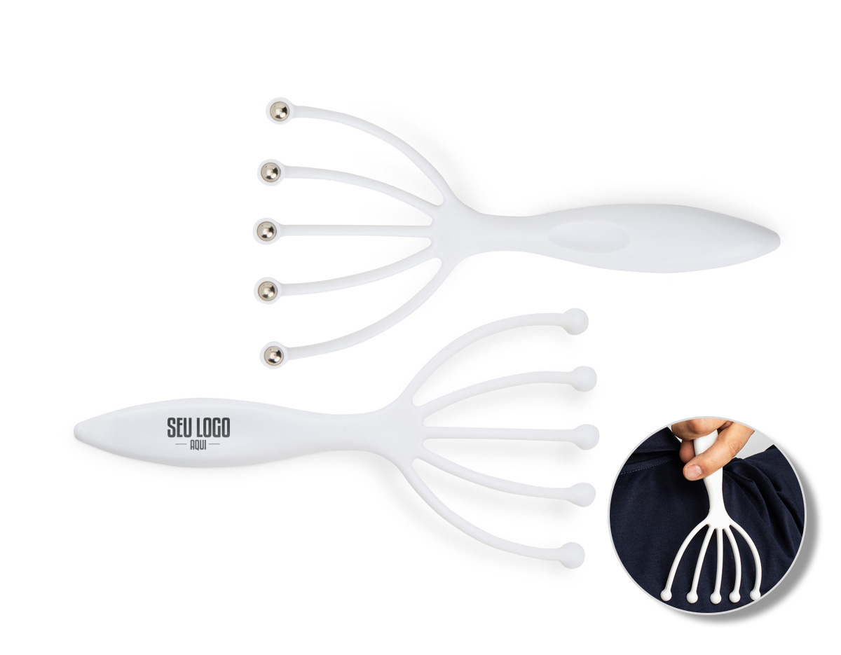 Uma massagem confortável em qualquer lugar. Compacto e de fácil manuseio, o nosso massageador é ideal para o relaxamento e um importante aliado contra o estresse do cotidiano. Feito de plástico e suas garras possuem bolinhas de aço inoxidável.