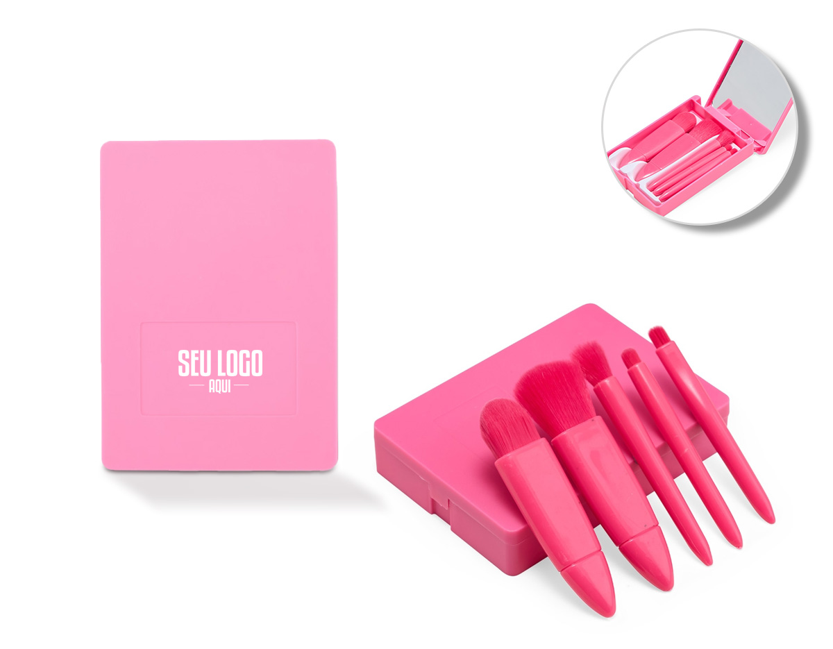 Tudo o que você precisa para uma maquiagem perfeita! Com estojo prático em plástico com trava, espelho e 5 pincéis, é possível se maquiar a qualquer hora e lugar. Cada pincel tem uma função: o de corretivo para suavizar imperfeições, o de esfumar para um olhar natural, e o de batom para aplicação precisa. Esse kit é perfeito para deixar a beleza sempre em dia.