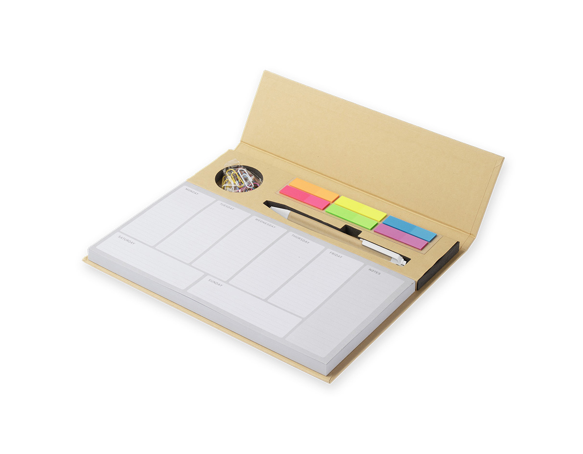 Bloco de anotações em papel Kraft, contendo:  Bloco de Planejamento Semanal com 100 folhas; 6 Sticky notes coloridos; 1 Caneta de Papelão; Acompanha clipes coloridos.