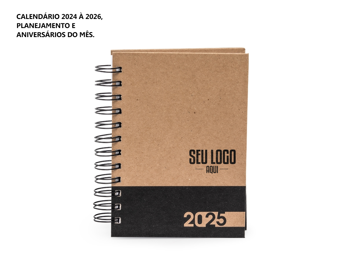Agenda diária 2025 com espiral, material kraft, capa dura. Contém aproximadamente 169 folhas, entre elas, páginas de dados pessoais, calendário 2024 a 2026, planejamento e aniversários do mês.