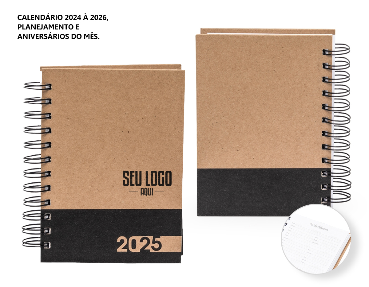 Agenda diária 2025 com espiral, material kraft, capa dura. Contém aproximadamente 169 folhas, entre elas, páginas de dados pessoais, calendário 2024 a 2026, planejamento e aniversários do mês.