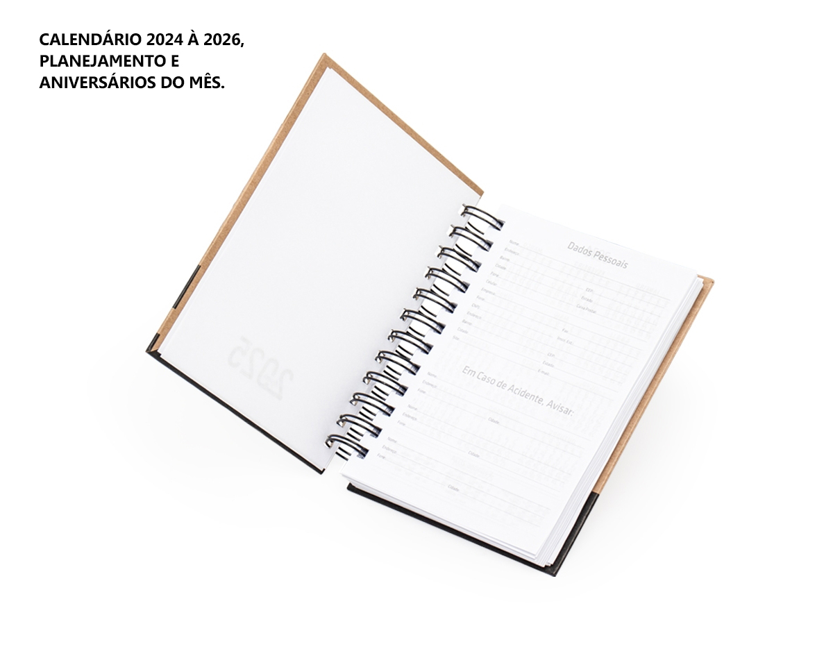 Agenda diária 2025 com espiral, material kraft, capa dura. Contém aproximadamente 169 folhas, entre elas, páginas de dados pessoais, calendário 2024 a 2026, planejamento e aniversários do mês.