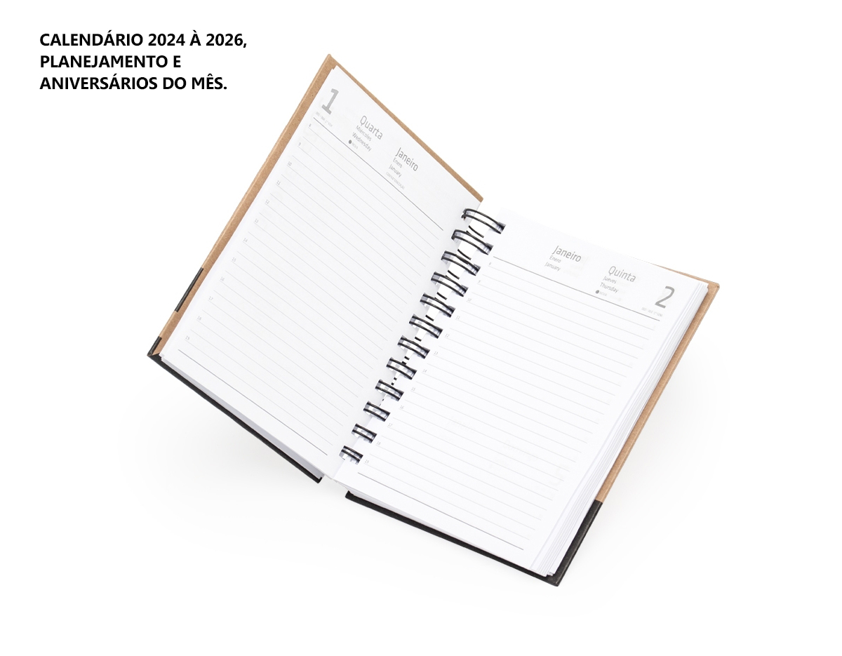 Agenda diária 2025 com espiral, material kraft, capa dura. Contém aproximadamente 169 folhas, entre elas, páginas de dados pessoais, calendário 2024 a 2026, planejamento e aniversários do mês.