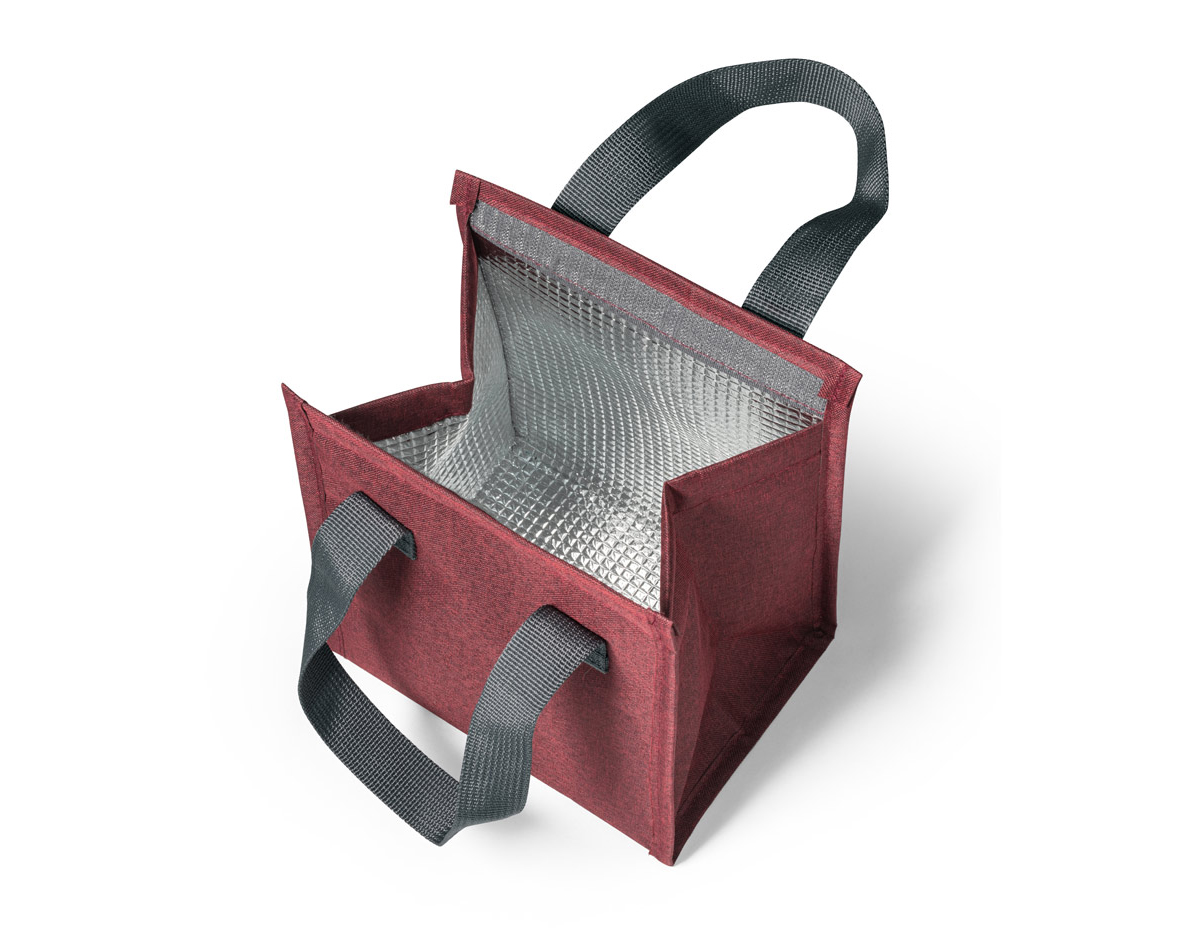 Bolsa térmica em 300D de alta densidade com pegas em webbing. Contém 1 compartimento principal com fecho aderente. Capacidade até 6 L. 240 x 290 x 140 mm