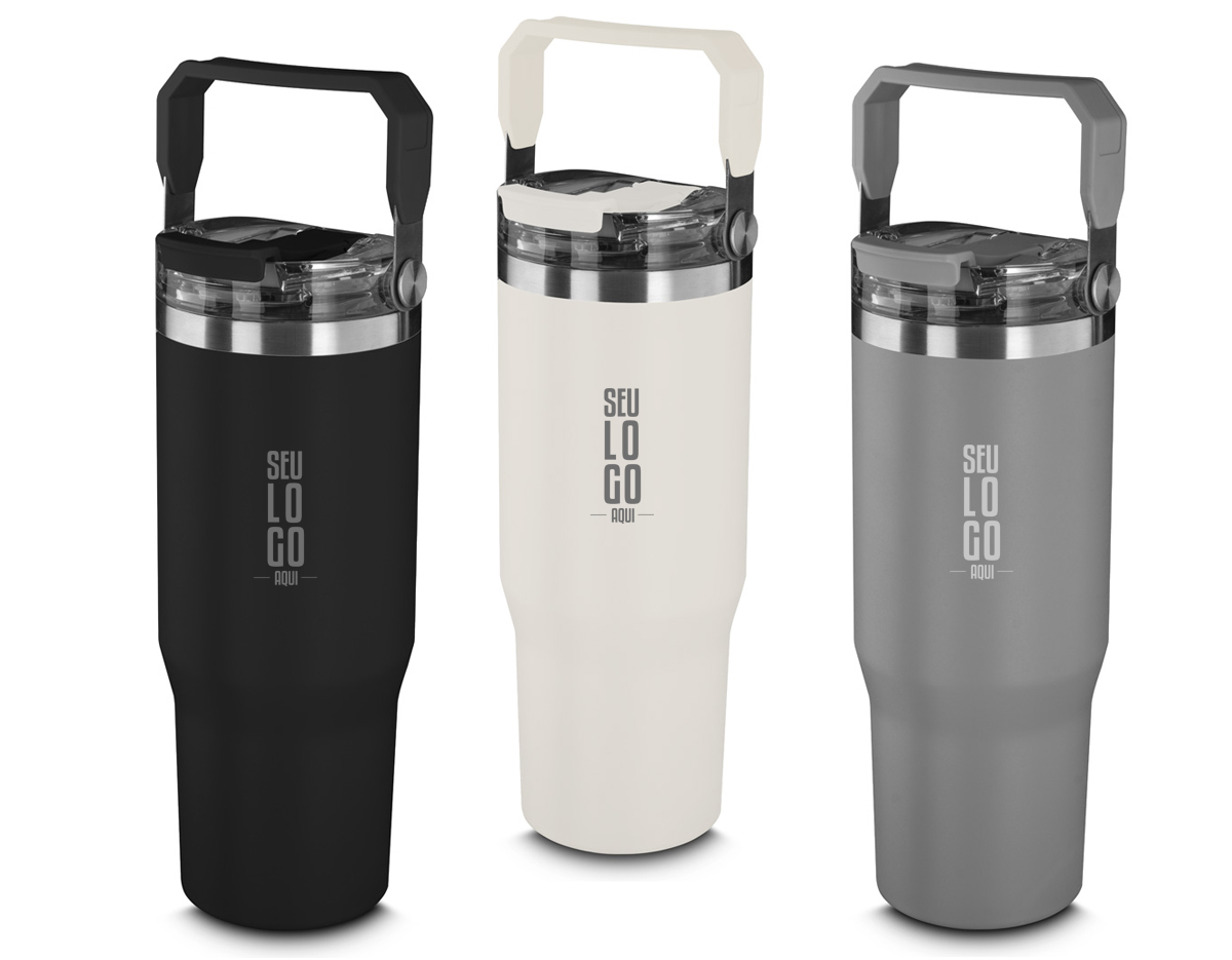 Garrafa térmica em aço inox com parede dupla com capacidade de até 950ml,tampa rosqueável com alça em plástico, permite-se hidratar por canudo ou bico,com e anel de silicone para vedação.