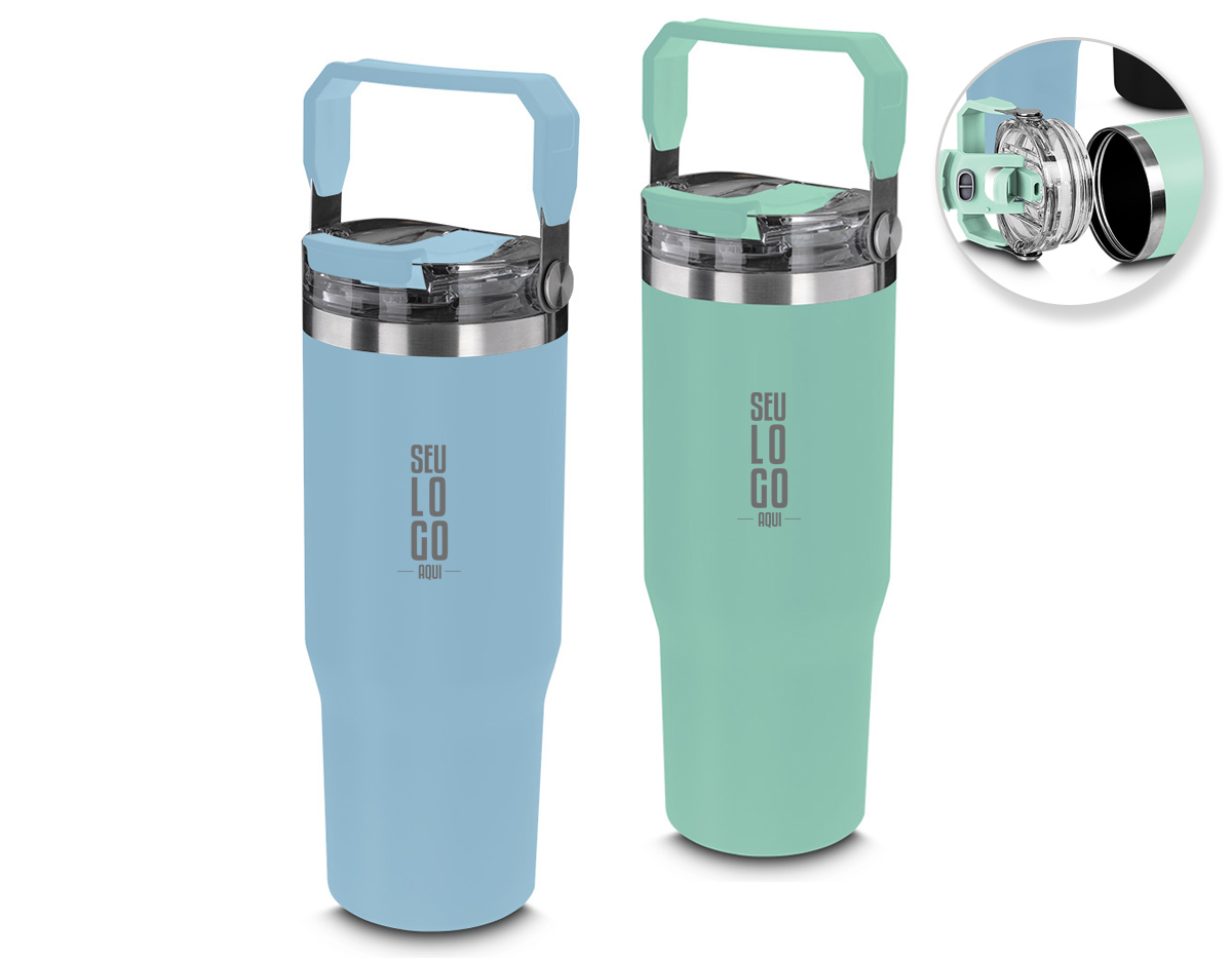 Garrafa térmica em aço inox com parede dupla com capacidade de até 950ml,tampa rosqueável com alça em plástico, permite-se hidratar por canudo ou bico,com e anel de silicone para vedação.