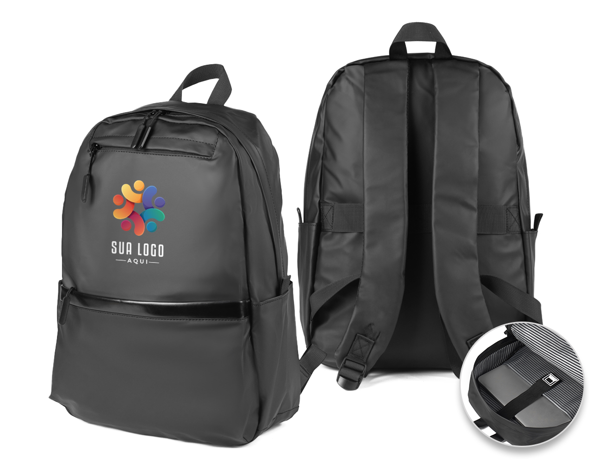 Mochila com parte externa equipada com alça de mão, alça de ombro acolchoada, engate para mala de viagem, bolso frontal e bolso lateral. Na parte interna, conta com compartimento dedicado para notebook de até 15,6 polegadas, oferecendo organização e praticidade para o dia a dia.