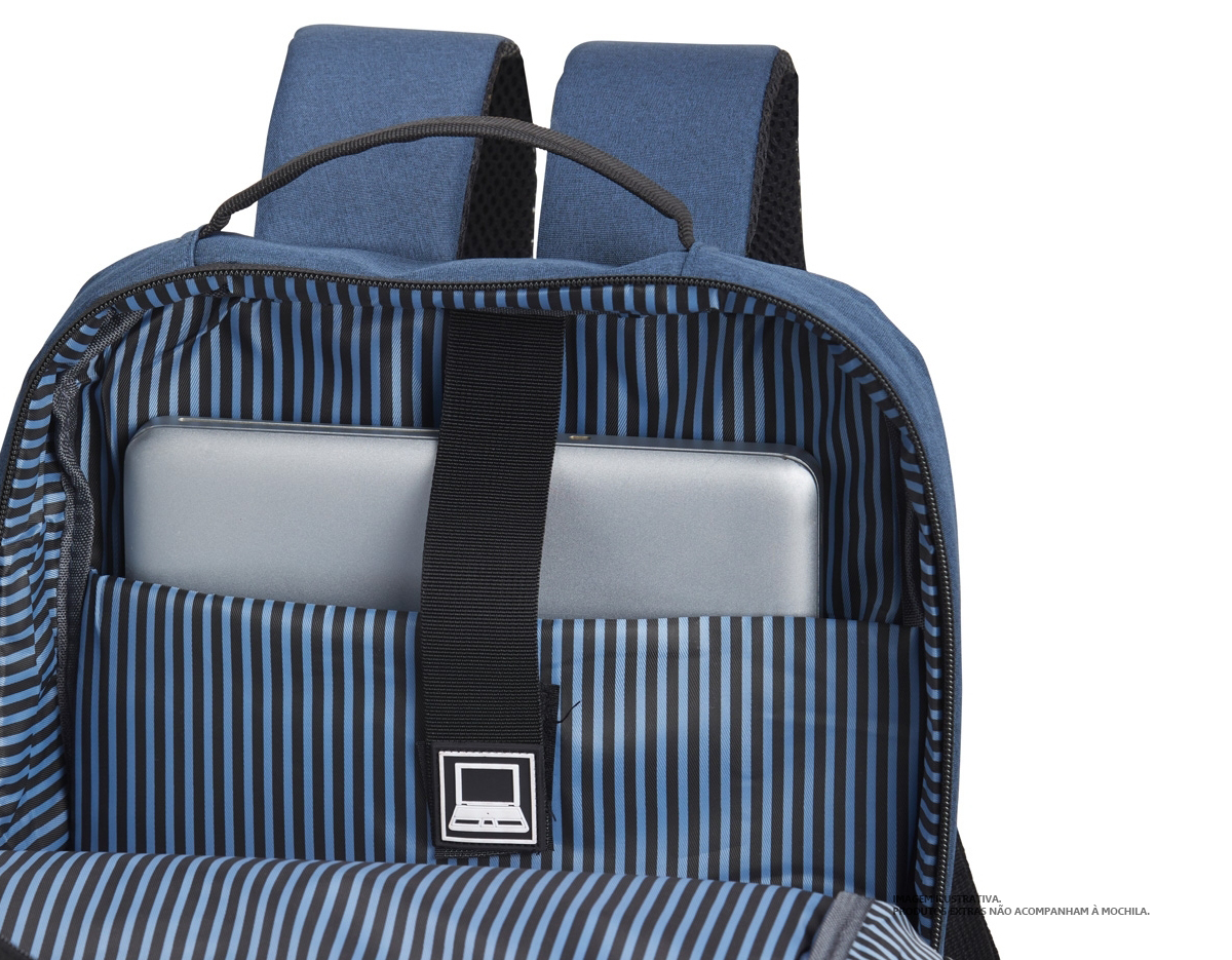 Mochila de nylon 27 litros com três compartimentos, sendo o principal com bolso para notebook 15.6 polegadas. Com divisórias internas para acessórios, bolso lateral, alça para engate em malas de viagem e suporte externo usb.