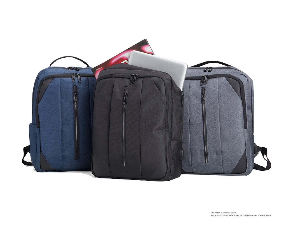 Mochila de nylon 27 litros com três compartimentos, sendo o principal com bolso para notebook 15.6 polegadas. Com divisórias internas para acessórios, bolso lateral, alça para engate em malas de viagem e suporte externo usb.