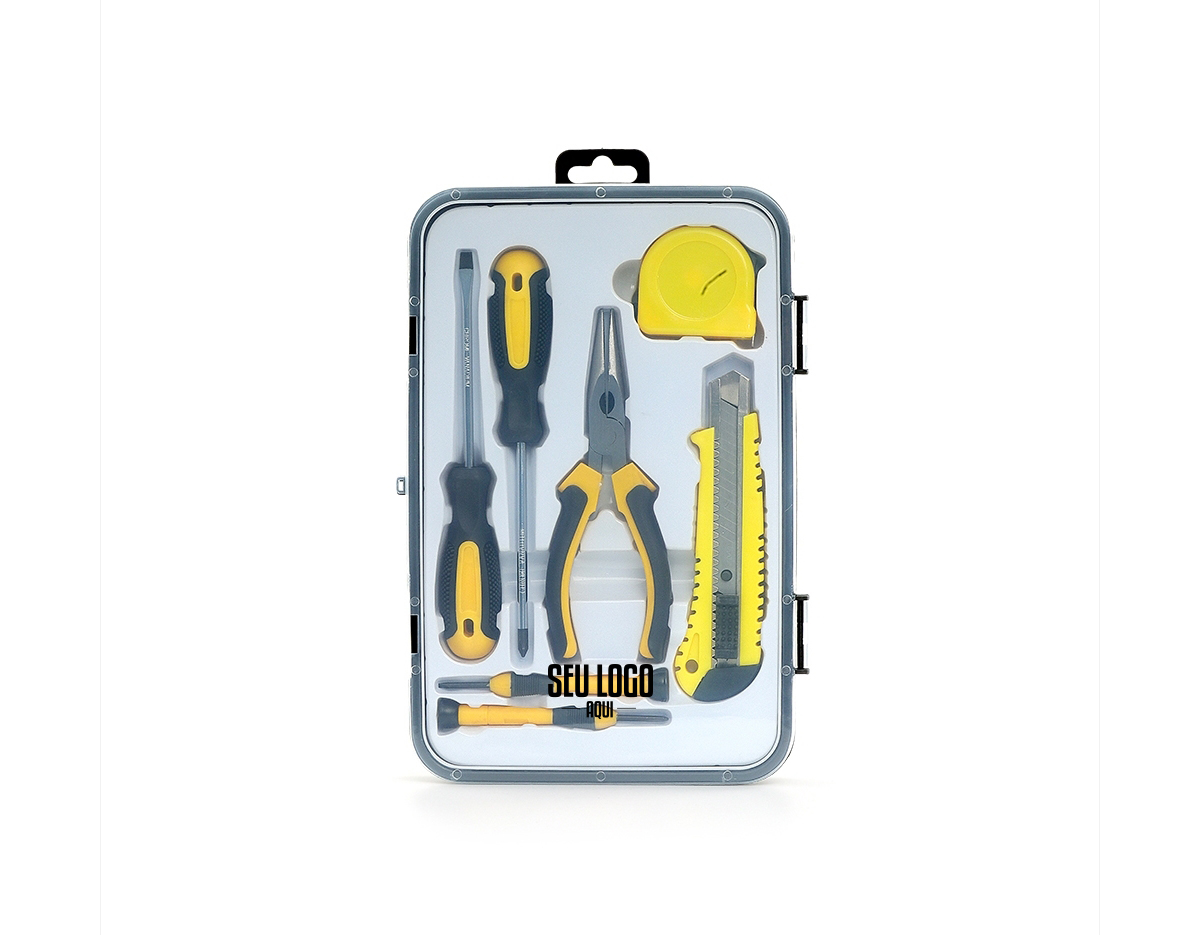 kit ferramentas 7 peças em estojo plástico com trava de segurança. Acompanha chaves Philips e fenda com ponteira magnética, trena de 2 metros, estilete, alicate e duas chaves de precisão, Philips e fenda.